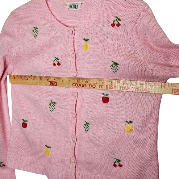 Vintage Pink Fruit Hand Loomed Cardigan Sweater By Rosanna Size M 70s Whimsical - Picture 6 of 8